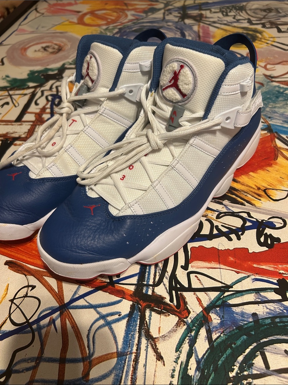 Jordan Retro Basketball Shoes in White, Blue & Red - Picture 2 of 3